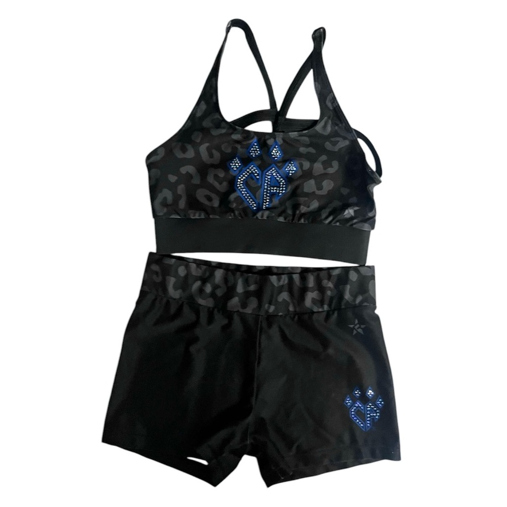 Cheer athletics cheetah leopard print rhinestone practice shorts and sports bra